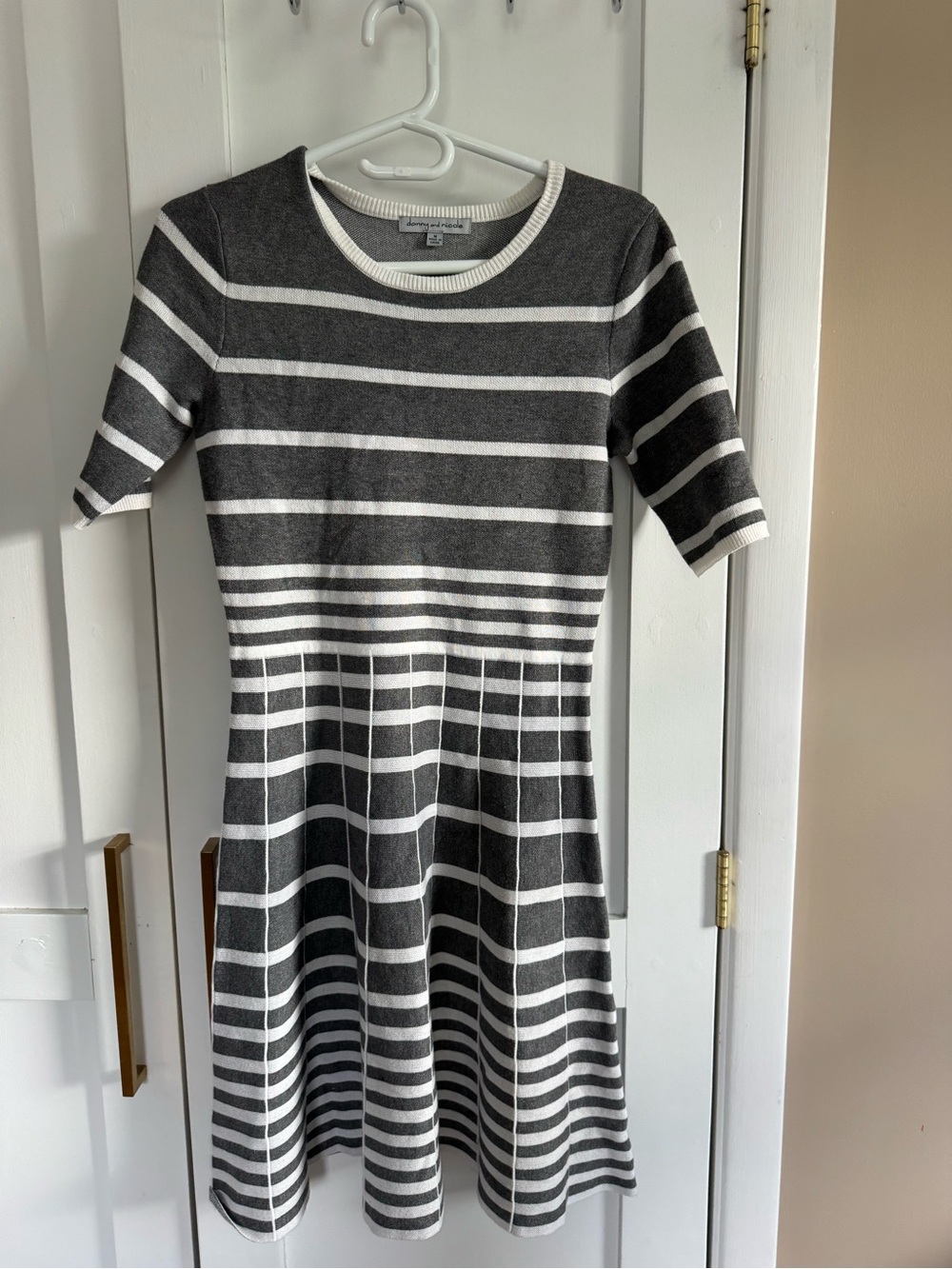 Danny & Nicole Gray and White Striped Knit Fit-and-Flare Dress